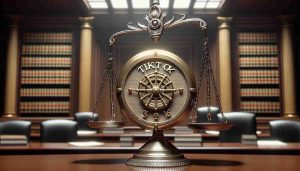 A realistic HD photo of a talisman in the shape of a clock with the word 'TikTok' inscribed on it hanging in the balance of a scale of justice, to represent the future of the platform. The background should be a courtroom, indicating impending legal battles. Make sure to exemplify the high suspense and uncertainty surrounding the situation.